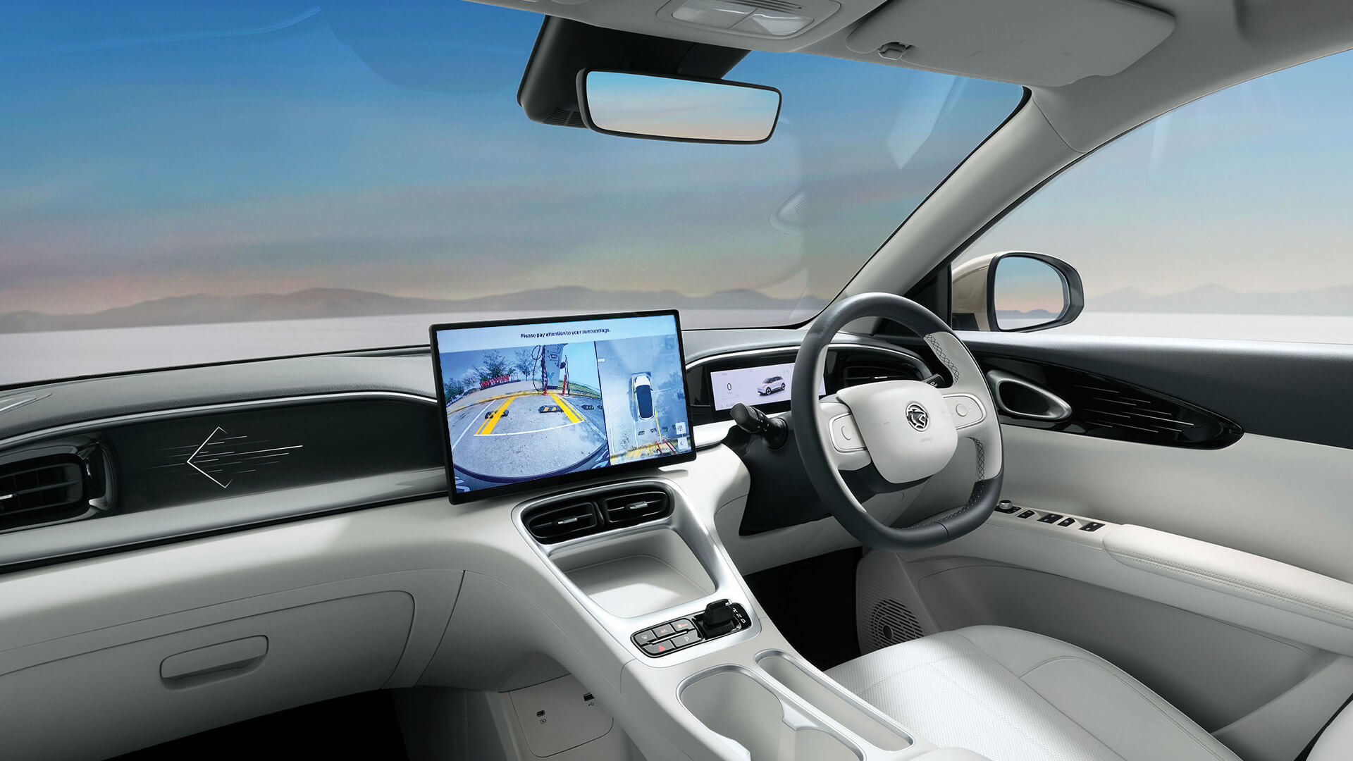 Proton e.MAS 5 full cabin in Alabaster White showing the dual-cowl dashboard, two-tone leatherette seats, crystal gear selector and 14.6-inch display